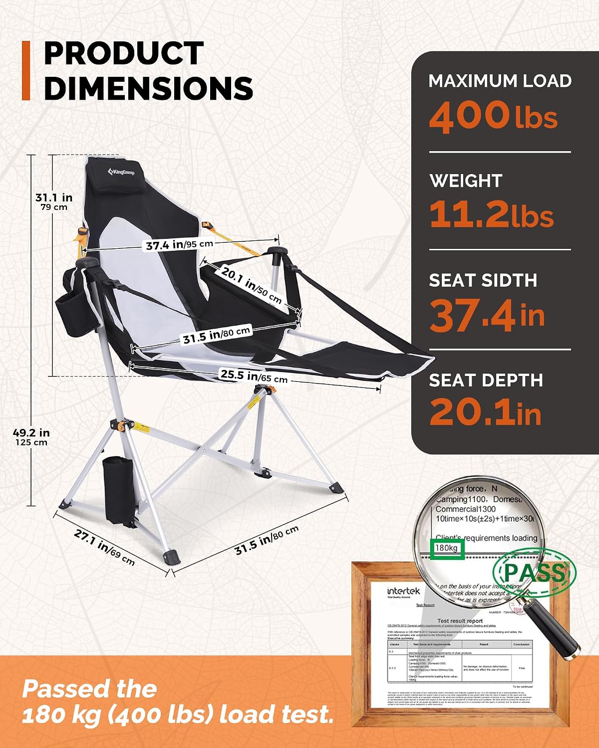 KingCamp Hammock Chair with Footrest – Heavy Duty Swinging Rocking Camping Chairs for Adults up to 400lbs, Folding Portable Oversized Rocker with Cup Holder & Pillow for Outdoor Beach Lawn RV Sports