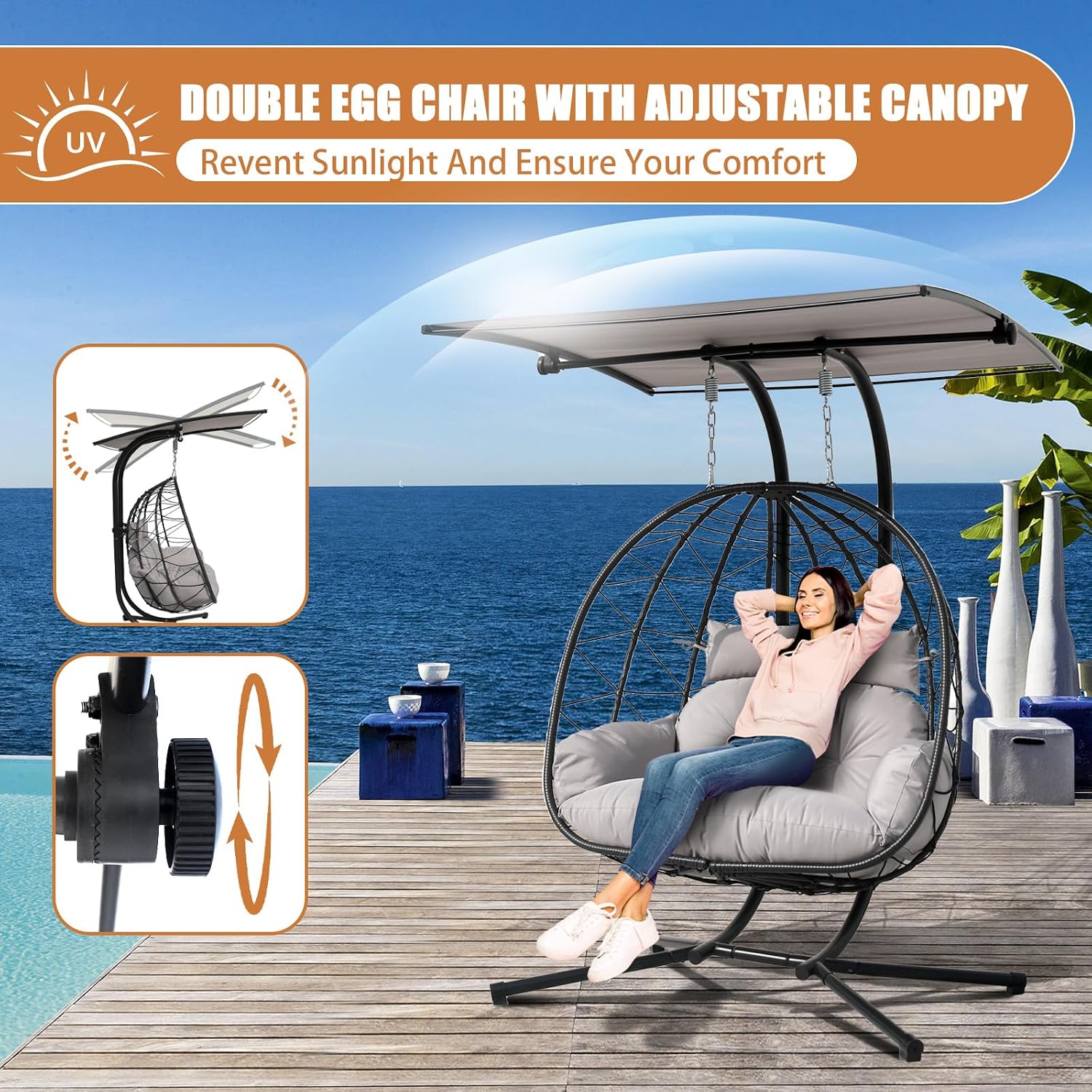 Double Egg Swing Chair with Stand & Adjustable Canopy, Outdoor Indoor Hanging Egg Chair, Handwoven Pe Rattan Loveseat with Uv-Resistant Cushions, 680Lbs Capacity for Patio, Garden, Balcony (Gray)