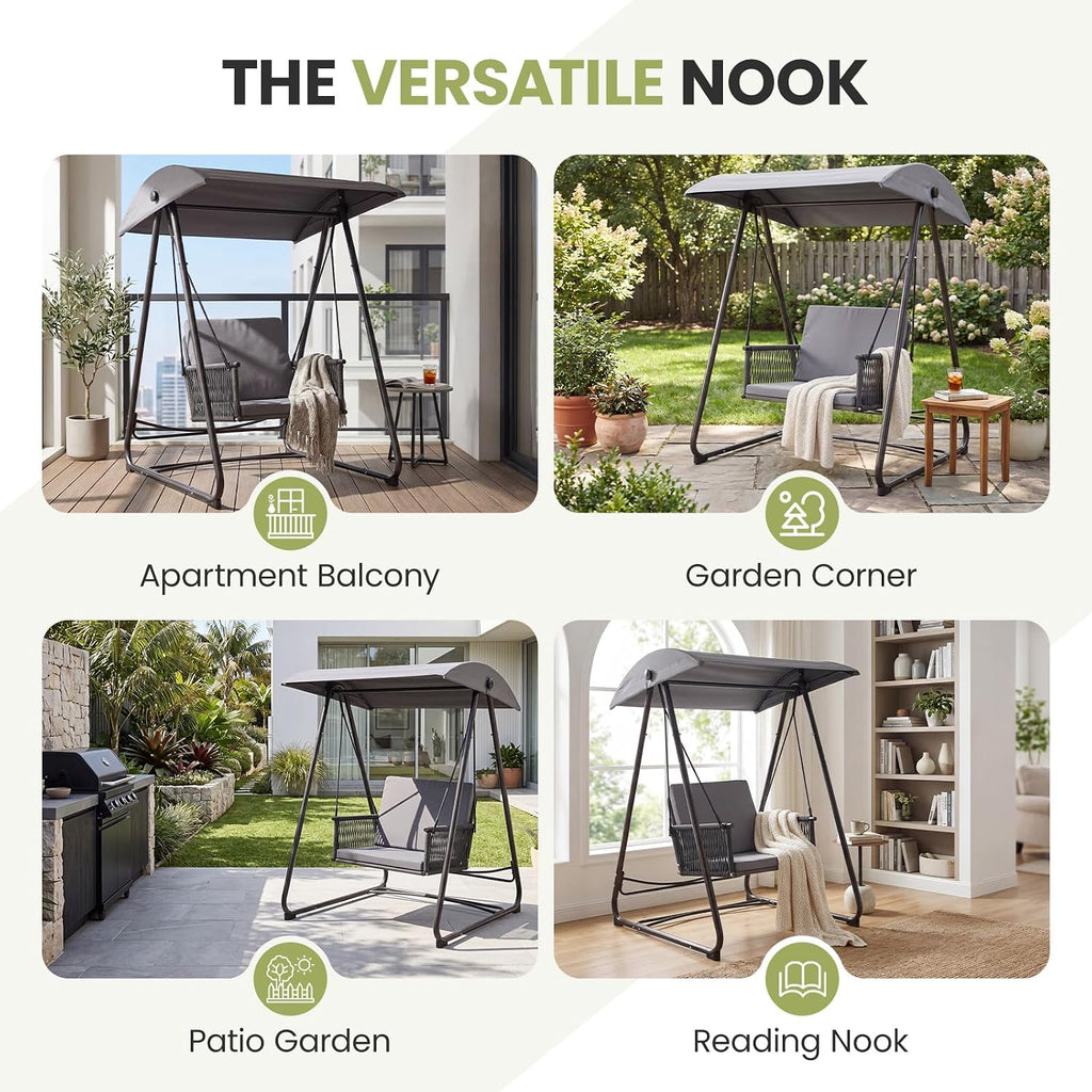 Porch Swing with Stand, Outdoor Swing with Canopy, All Weather Outdoor Swings for Adults, 400lbs Heavy Duty Porch Swings with Removable Cushions, Single Hanging Chair for Small Space, Grey