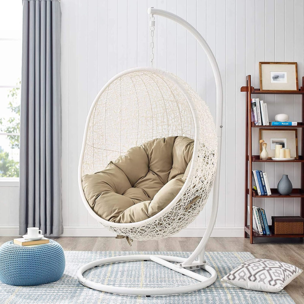 Modway Hide Wicker Rattan Outdoor Patio Porch Lounge Egg Swing Chair Set with Stand in White Mocha