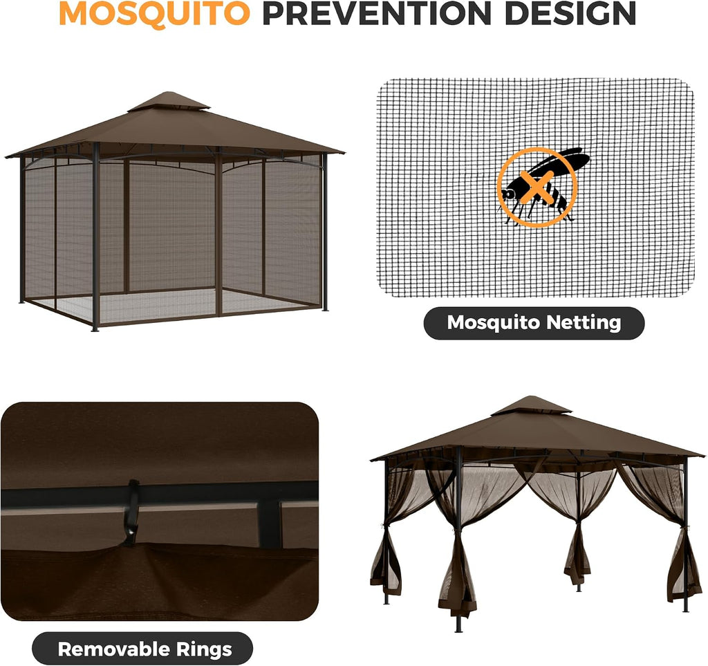 HAPPATIO Patio Gazebo 12' X 12', Ventilated Double Roof & Mosquito Netting, Outdoor Gazebo with Metal Frame, Soft Top Canopy for Backyard, Deck, Poolside, Brown