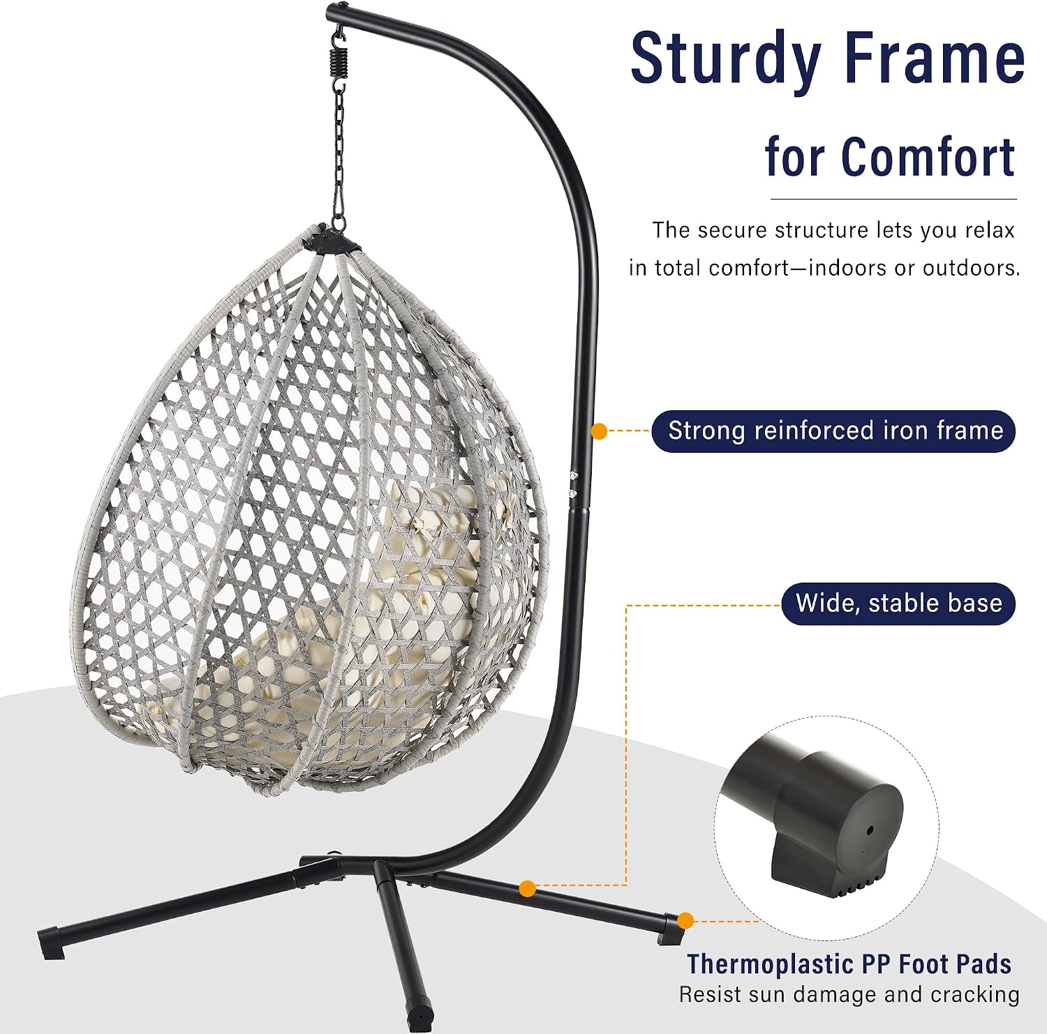 Polibi Hanging Egg Chair with Stand - PE Rattan Indoor Outdoor Swing Chair Heavy Duty 330lbs - Breathable Hollowed Design & Adjustable Headrest - Patio Balcony Garden Lounger,Gray+Beige