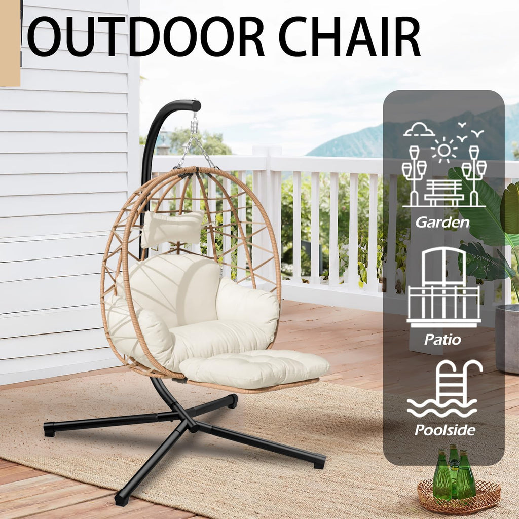 Indoor Outdoor Hanging Egg Chair with Stand & Leg Rest – Heavy-Duty Steel Frame, Handwoven Rattan Swing Chair for Patio, Garden, Bedroom – 350 lbs Capacity, Ergonomic Design (White)