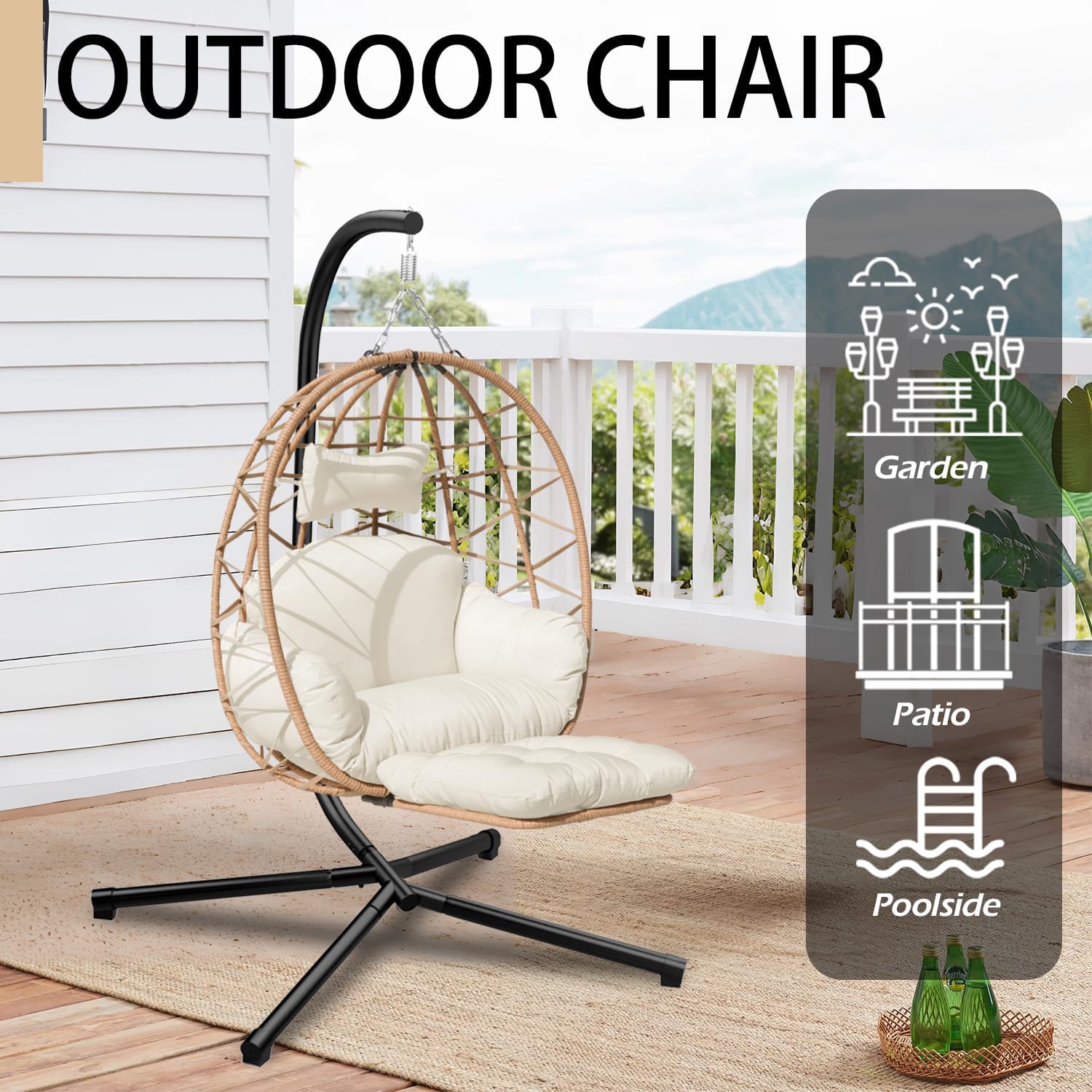 Indoor Outdoor Hanging Egg Chair with Stand & Leg Rest – Heavy-Duty Steel Frame, Handwoven Rattan Swing Chair for Patio, Garden, Bedroom – 350 lbs Capacity, Ergonomic Design (White)