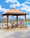 13x13 Pop Up Gazebo, Outdoor Canopy Tent with Mosquito Netting, [Adjustable Height & Spacious] Pop Up Tent with Double Roof, UV-Resistant Outdoor Gazebo for Backyard, Patio, Lawn, Garden, Deck(Khaki)