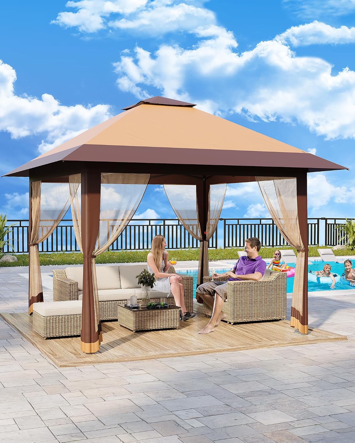 13x13 Pop Up Gazebo, Outdoor Canopy Tent with Mosquito Netting, [Adjustable Height & Spacious] Pop Up Tent with Double Roof, UV-Resistant Outdoor Gazebo for Backyard, Patio, Lawn, Garden, Deck(Khaki)