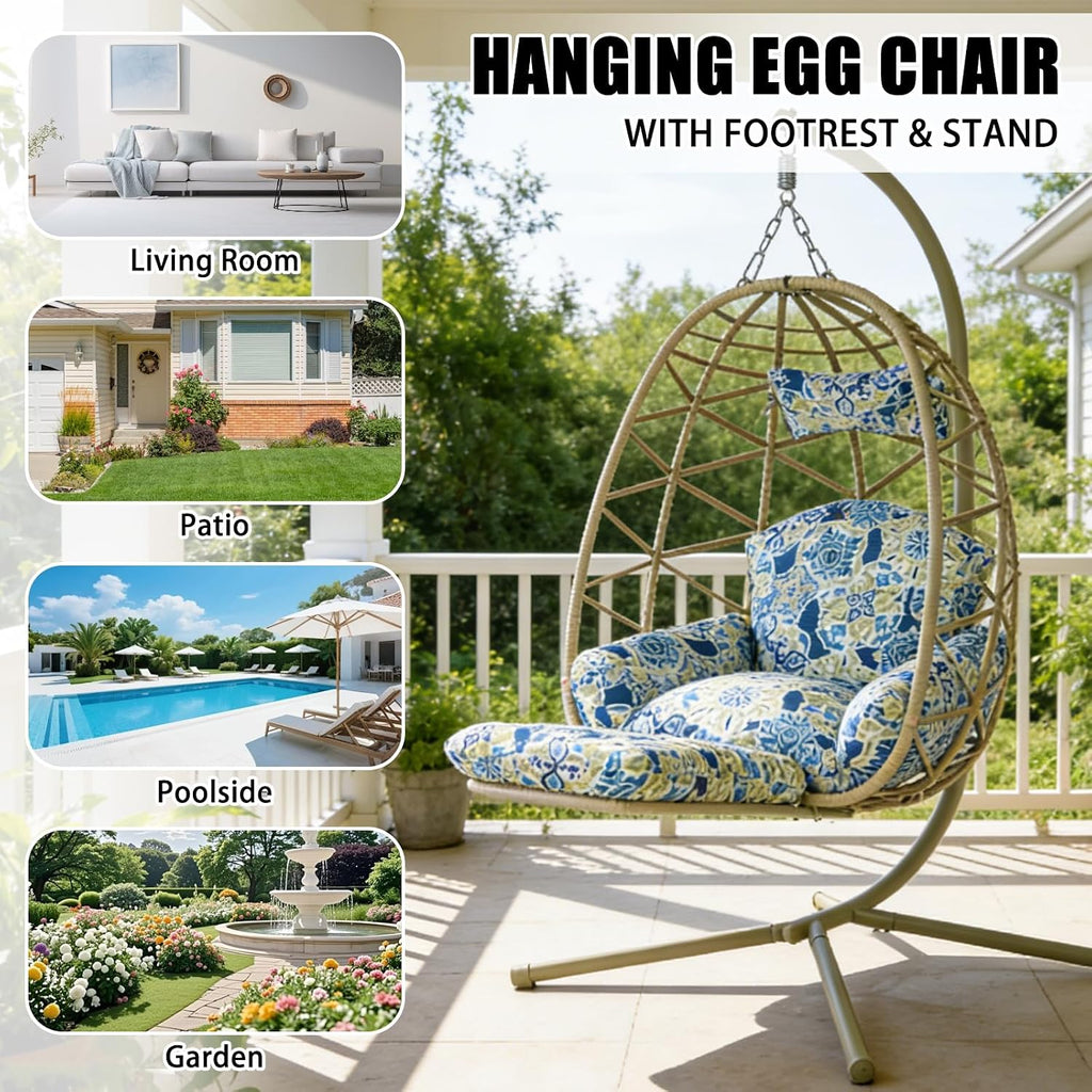 Hanging Egg Chair with Stand & Leg Rest,Rattan Wicker Swing Chair with Cushion,Patio Basket Hanging Chair Wicker Hammock Chair for Indoor Outdoor Bedroom Garden,300LBS (Coffee Rattan&Floral Cushion)