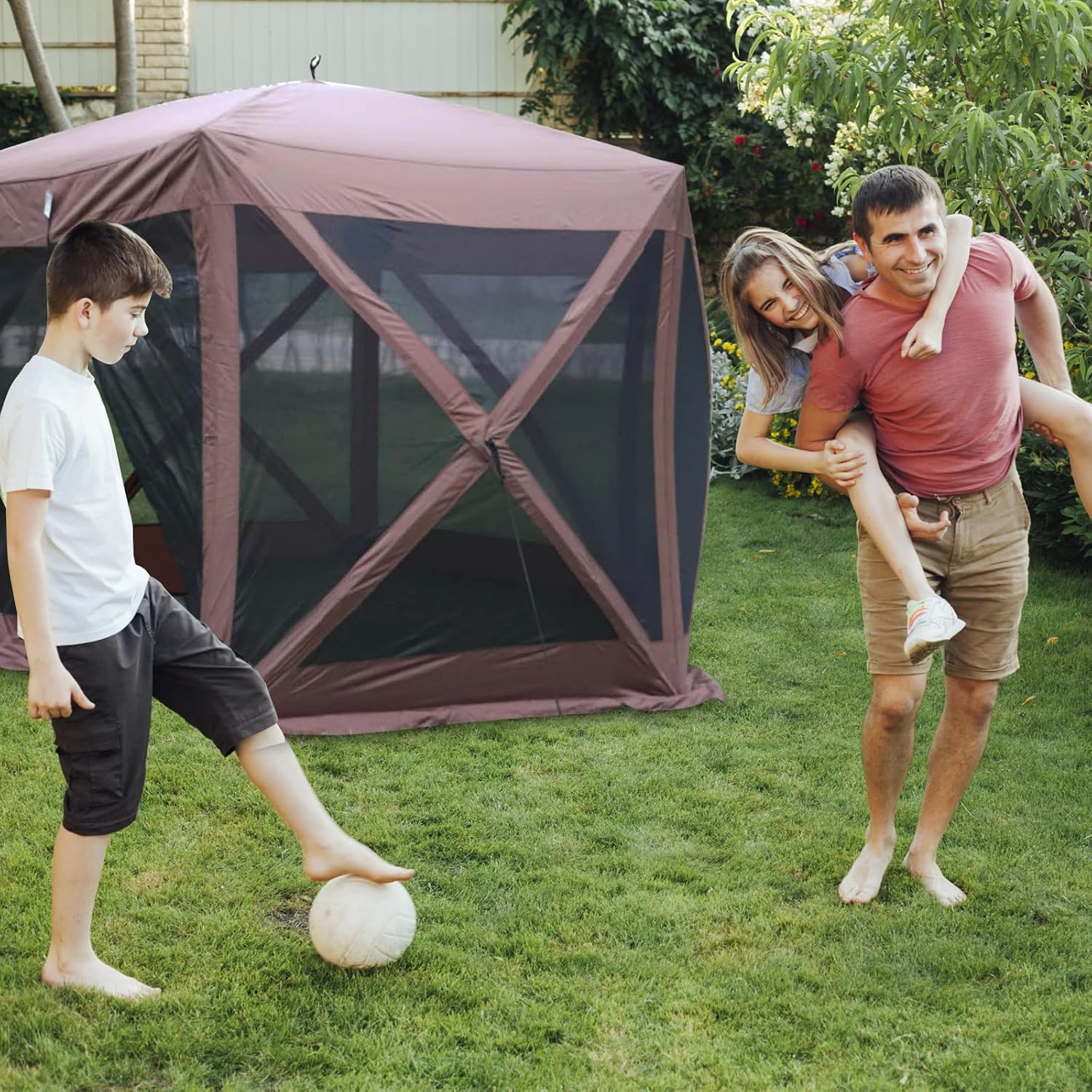 Backyard Expressions 12' x 12' Pop Up 6 Sided Portable Hub Gazebo Screen Canopy Tent with Ground Stakes & Carry Bag