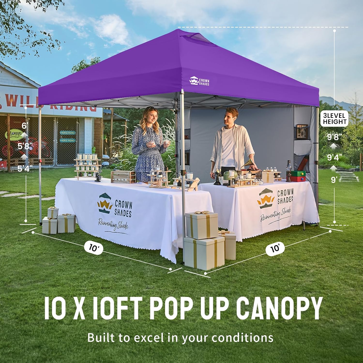 CROWN SHADES Canopy Tent 10x10 Pop Up Canopy Outdoor Shade with Pockets Sidewall, Easy Up Sun Shelter with One Person Set Up Center Lock, Portable Instant Camping Beach Canopy Tents, Purple