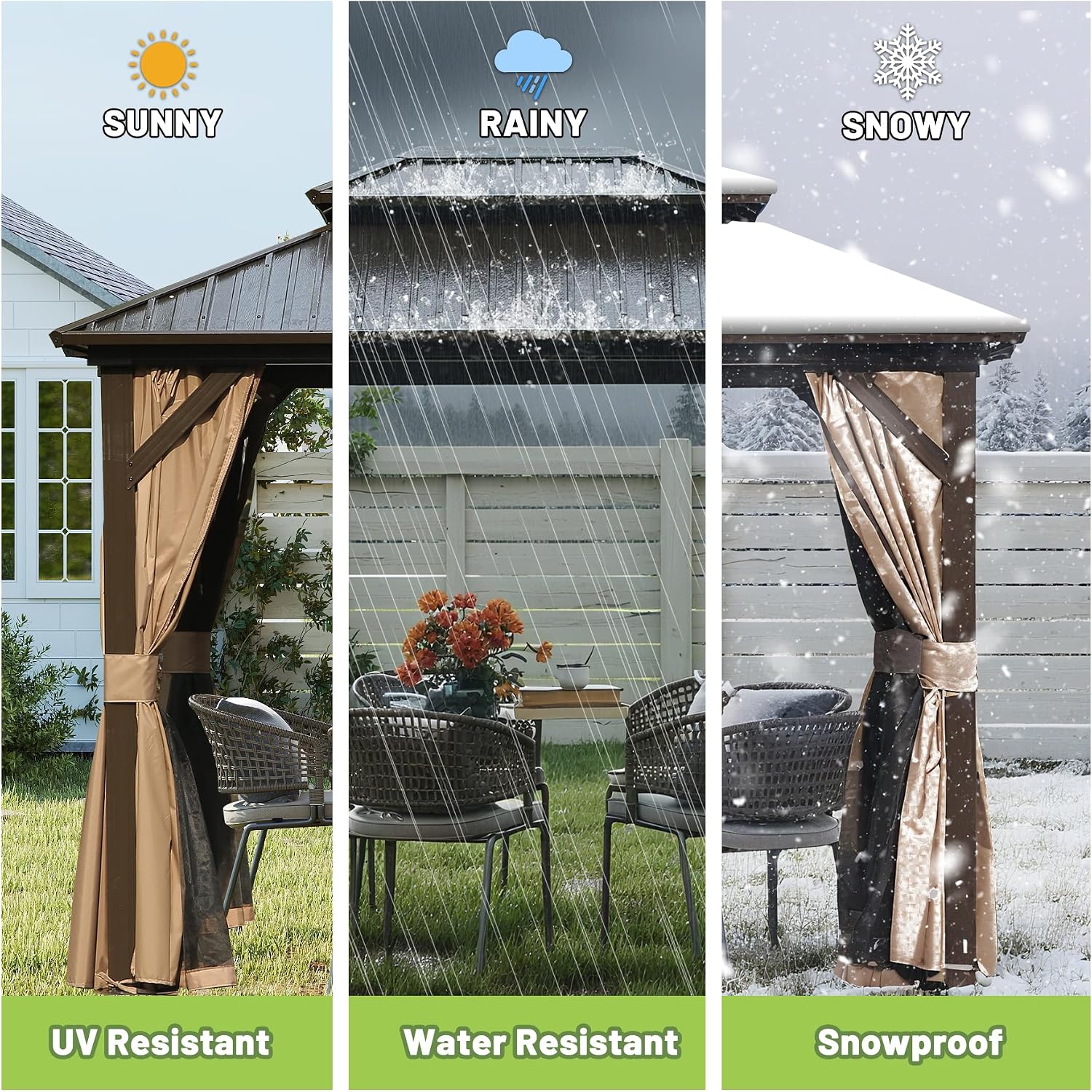 Hardtop Gazebo 8x10 FT, Metal Outdoor Gazebos with Galvanized Steel Double Roof, Curtains and Nettings, Permanent Gazebo Pavilion for Patio Wedding, Party, Outdoor Dining -Brown