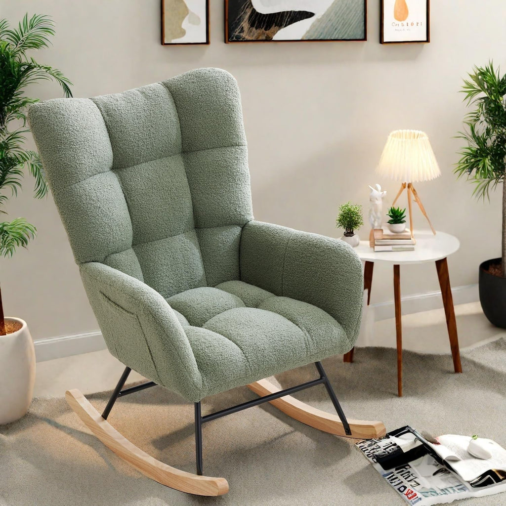 GarveeHome Rocking Chair Nursery, Teddy Upholstered Glider Chair with High Backrest, Armrest and Side Pockets, Modern Comfy Accent Armchair Reading Chair for Bedroom, Living Room