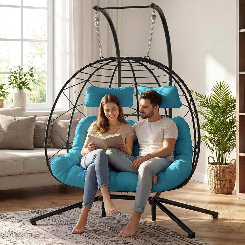 Easyego Set of 2 Wicker Hanging Egg Chairs with Stand, 700 lb Capacity, Indoor/Outdoor Double Egg Swing Hammock Chairs for Patio, Garden, Porch, Living Room, Bedroom, Blue