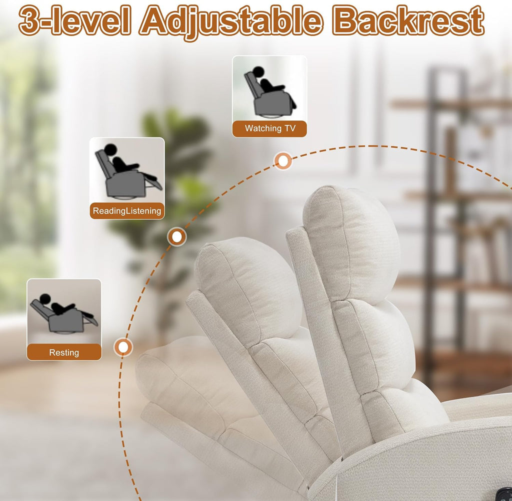 Manual Swivel Rocker Recliner Chair with Vibration Massage, Overstuffed Glider Chair with Lumbar Heat for Nursery, Living Room Reclining Sofa Chair, Chenille Fabric Beige