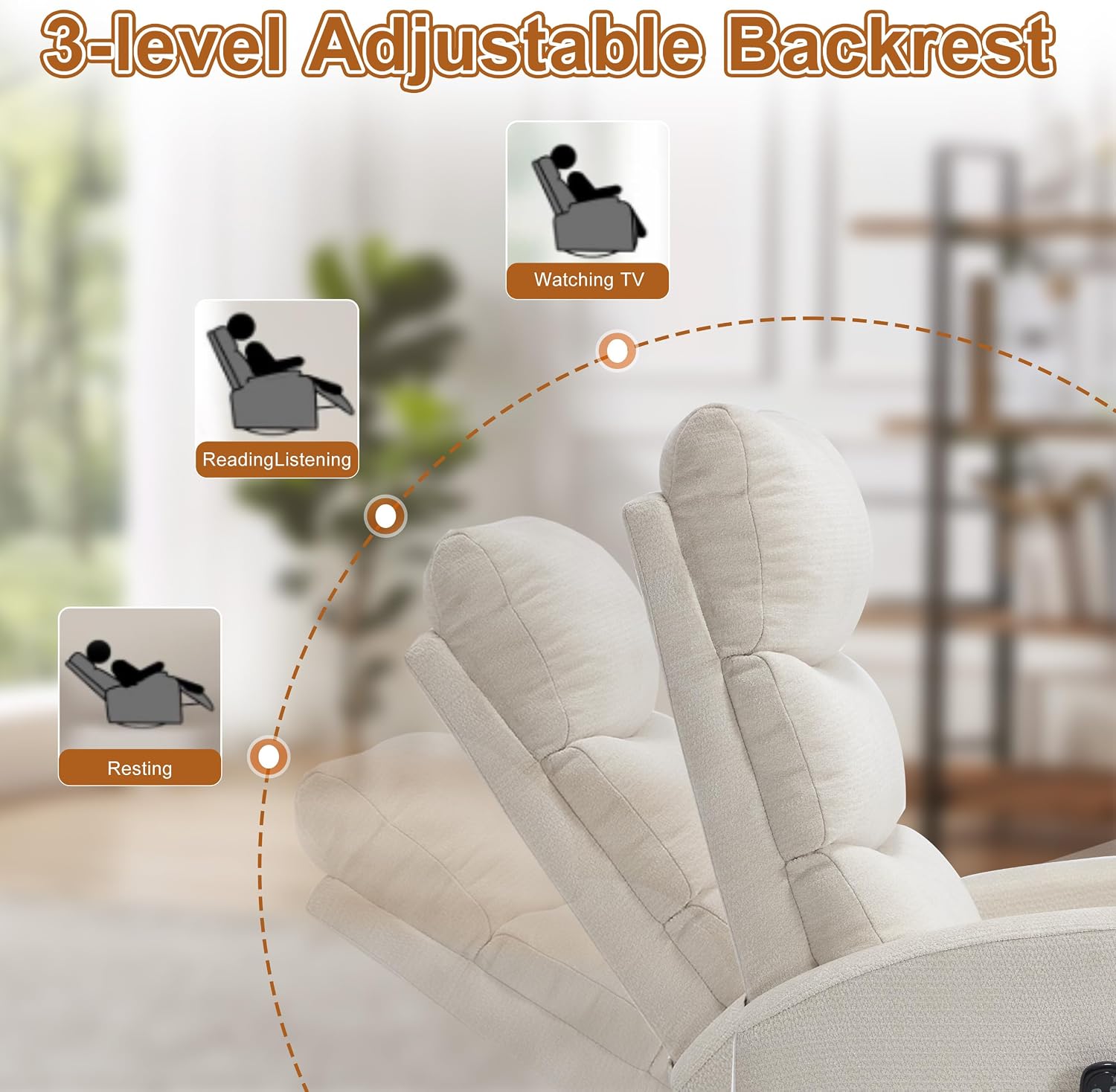 Manual Swivel Rocker Recliner Chair with Vibration Massage, Overstuffed Glider Chair with Lumbar Heat for Nursery, Living Room Reclining Sofa Chair, Chenille Fabric Beige