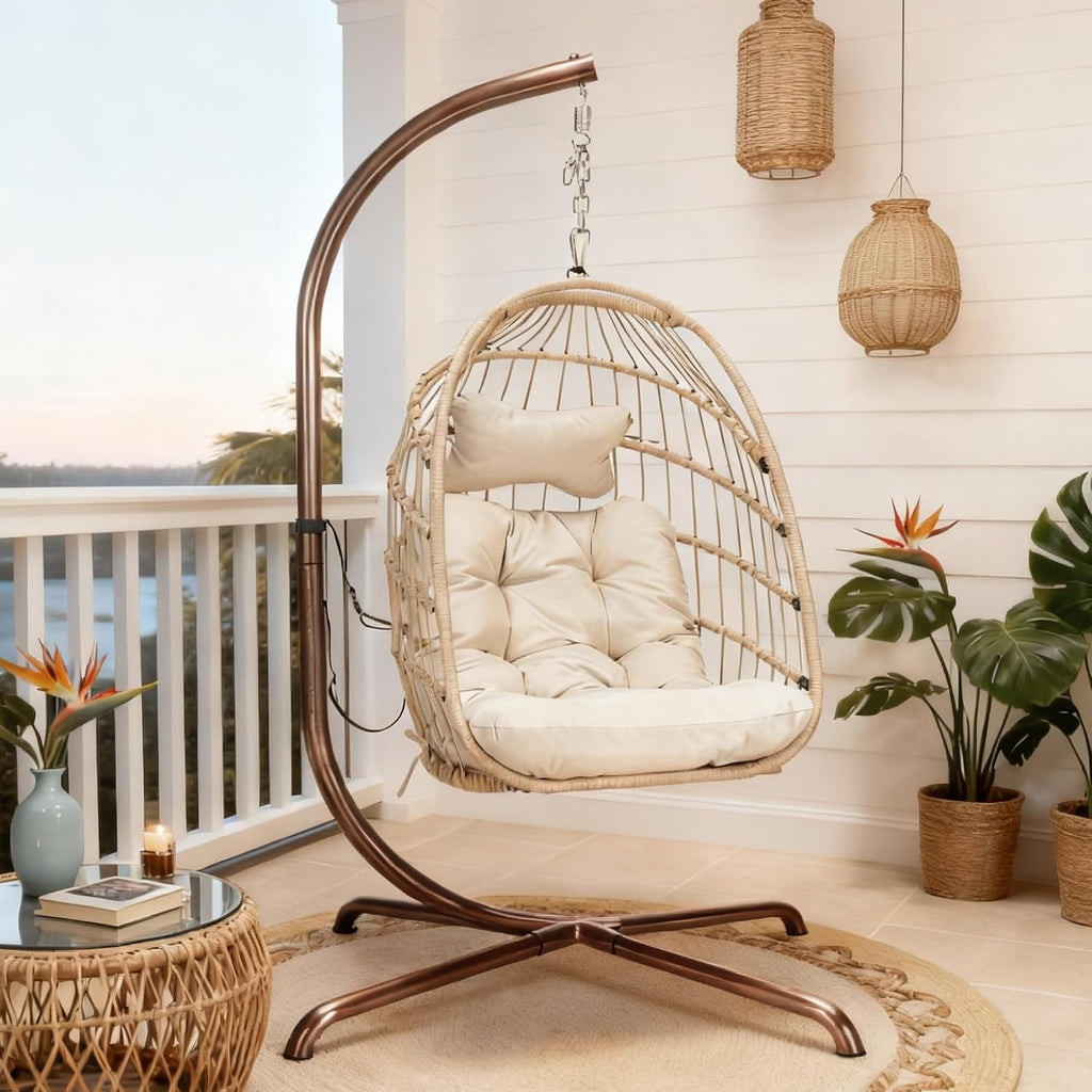 RADIATA Hanging Egg Chair with Stand and Cover, Indoor Outdoor Heavy Duty Foldable Rattan Swing Hammock with Cushion, 350Lbs Royal Craft Dome Shape Eggshell Basket Seat for Porch Garden Bedroom, Cream