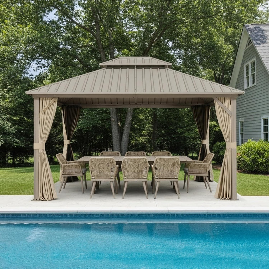 PURPLE LEAF 12' x 14' Outdoor Hardtop Gazebo with 9 Pieces Outdoor Dining Set, Champagne Aluminum Gazebo with Galvanized Steel Double Roof, Curtains and Netting for Patio Lawn and Garden