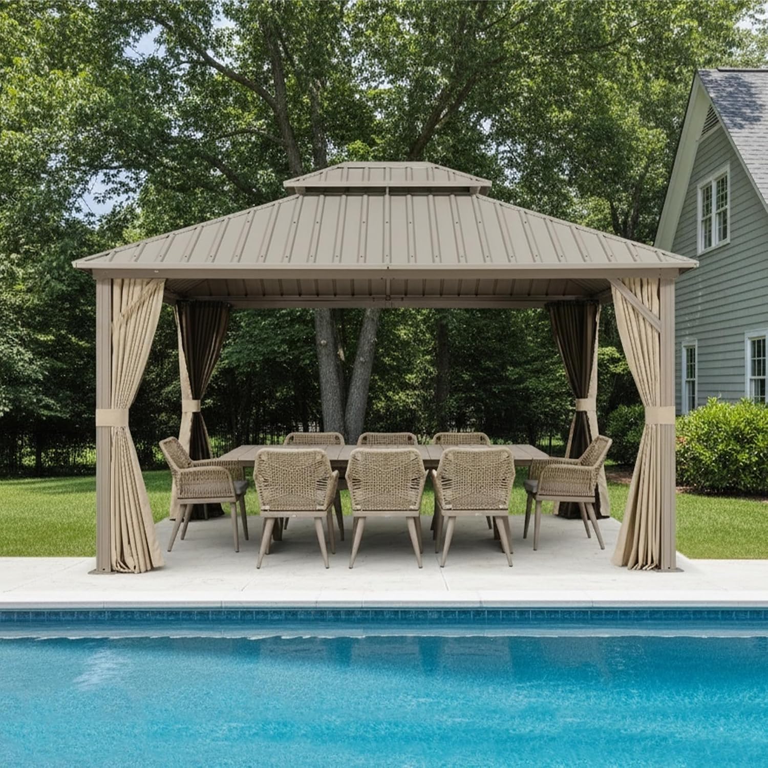 PURPLE LEAF 12' x 14' Outdoor Hardtop Gazebo with 9 Pieces Outdoor Dining Set, Champagne Aluminum Gazebo with Galvanized Steel Double Roof, Curtains and Netting for Patio Lawn and Garden