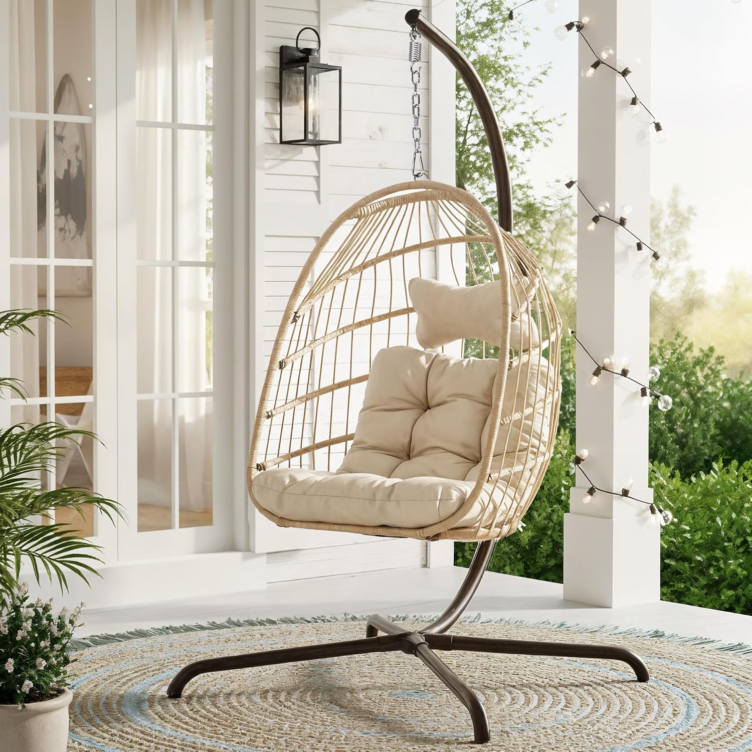 RADIATA Outdoor Swing Egg Chair with Stand, 350Lbs Heavy-Duty Wicker Egg Hanging Patio Chairs for Outside, Comfy Porch Swinging Chair with Thick Cushion Balcony Backyard Bedroom Indoor, Beige