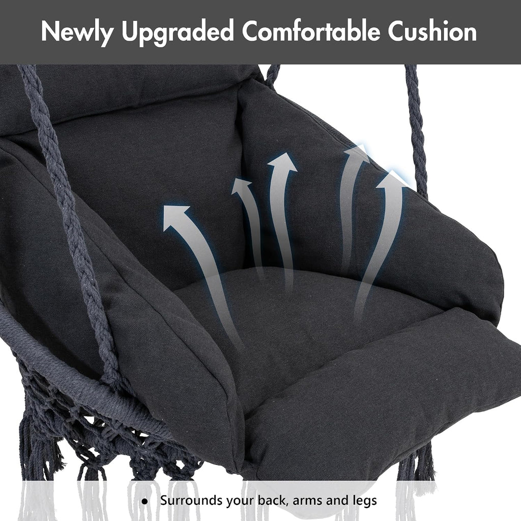ANOW Hanging Swing Chair with Stand Included, Heavy Duty Hammock Chair with Stand and Removable Padded Cushion, Max 400 Lbs, Dark Grey
