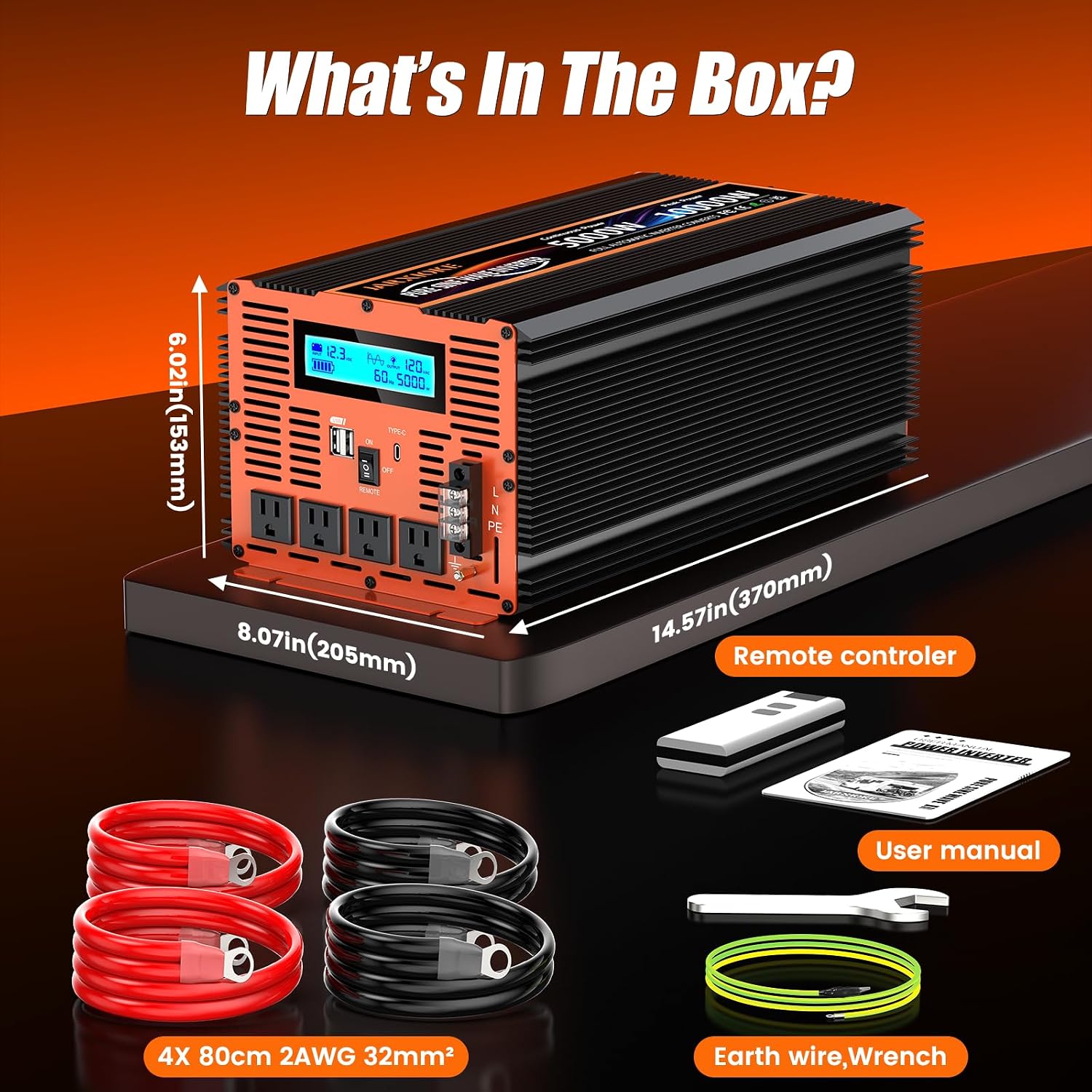 5000 Watt Pure Sine Wave Power Inverter 12V DC to 110V 120V Converter for Family RV Off Grid Solar System Car with Type-C Ports 4 AC Power Outlets Dual USB Ports LCD Display and Remote Control