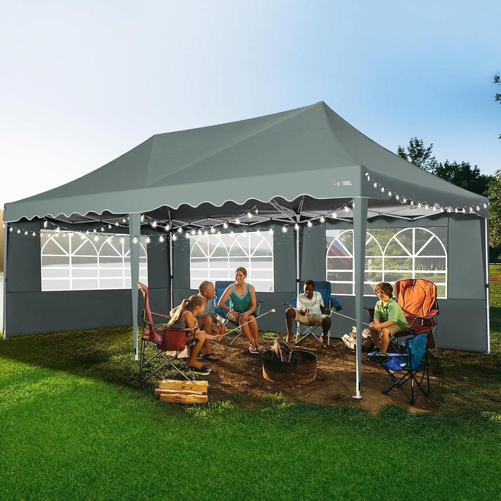 HOTEEL 10x20 Pop Up Canopy Tent with 6 Sidewalls, Waterproof UV50+ Outdoor Shelter for Parties and Events, Easy Setup with Wheeled Bag & 4 Weight Bags, Gray