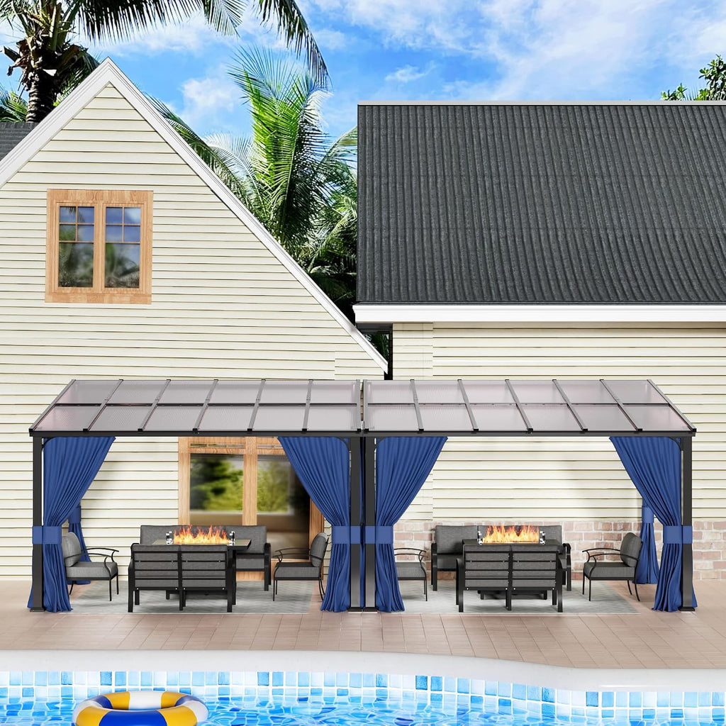 10' x 24' Gazebo for Patio,Wall Mounted Gazebo with Sloping Polycarbonate Roof,Aluminum Frame Outdoor pelgole w/Netting & Curtain for Garden,Backyard,Navyblue