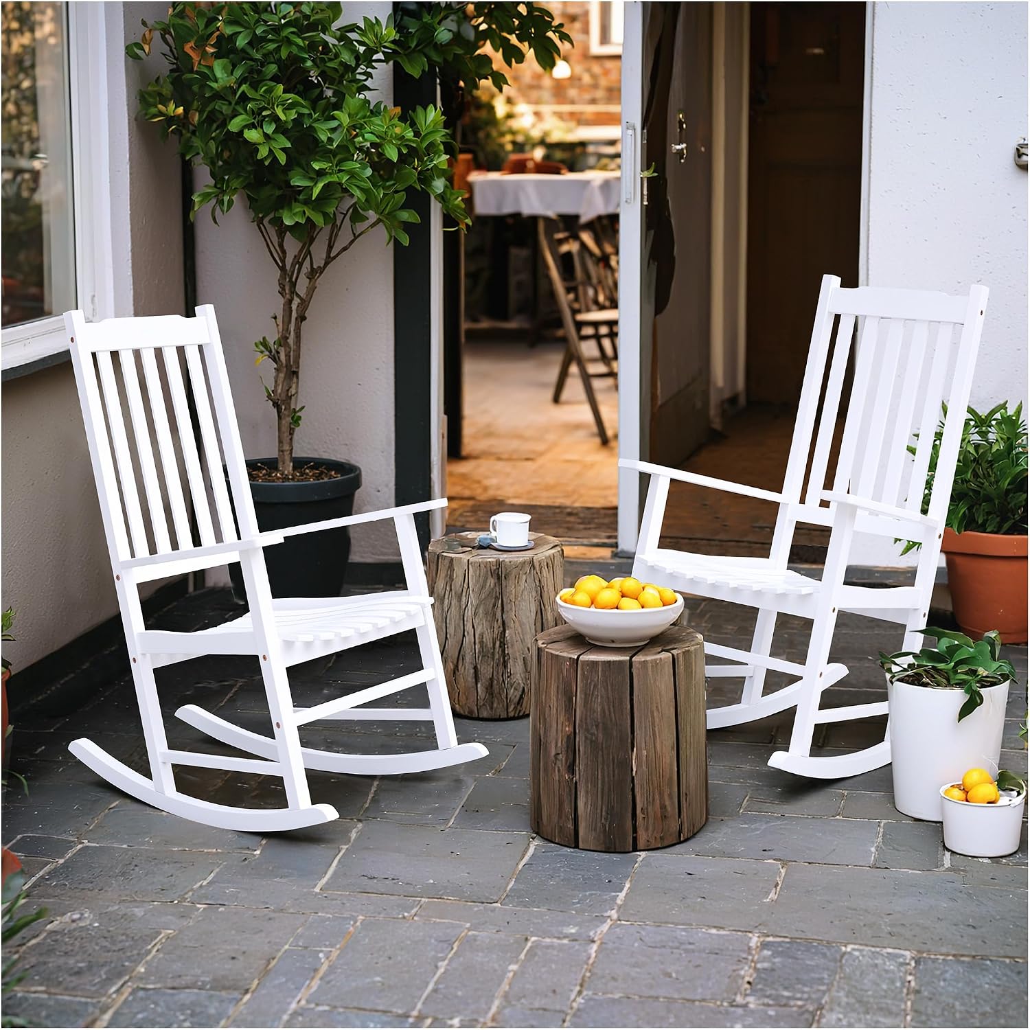 Flamaker Outdoor Rocking Chair Oversized Wooden Patio Chairs with Widened Armrest High Back Porch Rocker for Lawn, Garden, Backyard, Fire Pit (White)