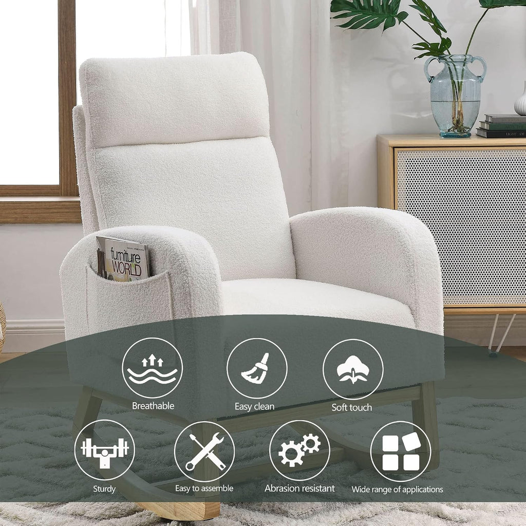 Nursery Rocking Chair with Solid Wood Legs, Glider Chair for Nursery with Two Side Pockets, Rocker Armchair for Living Room Bedroom (Ivory White, Teddy Fabric)