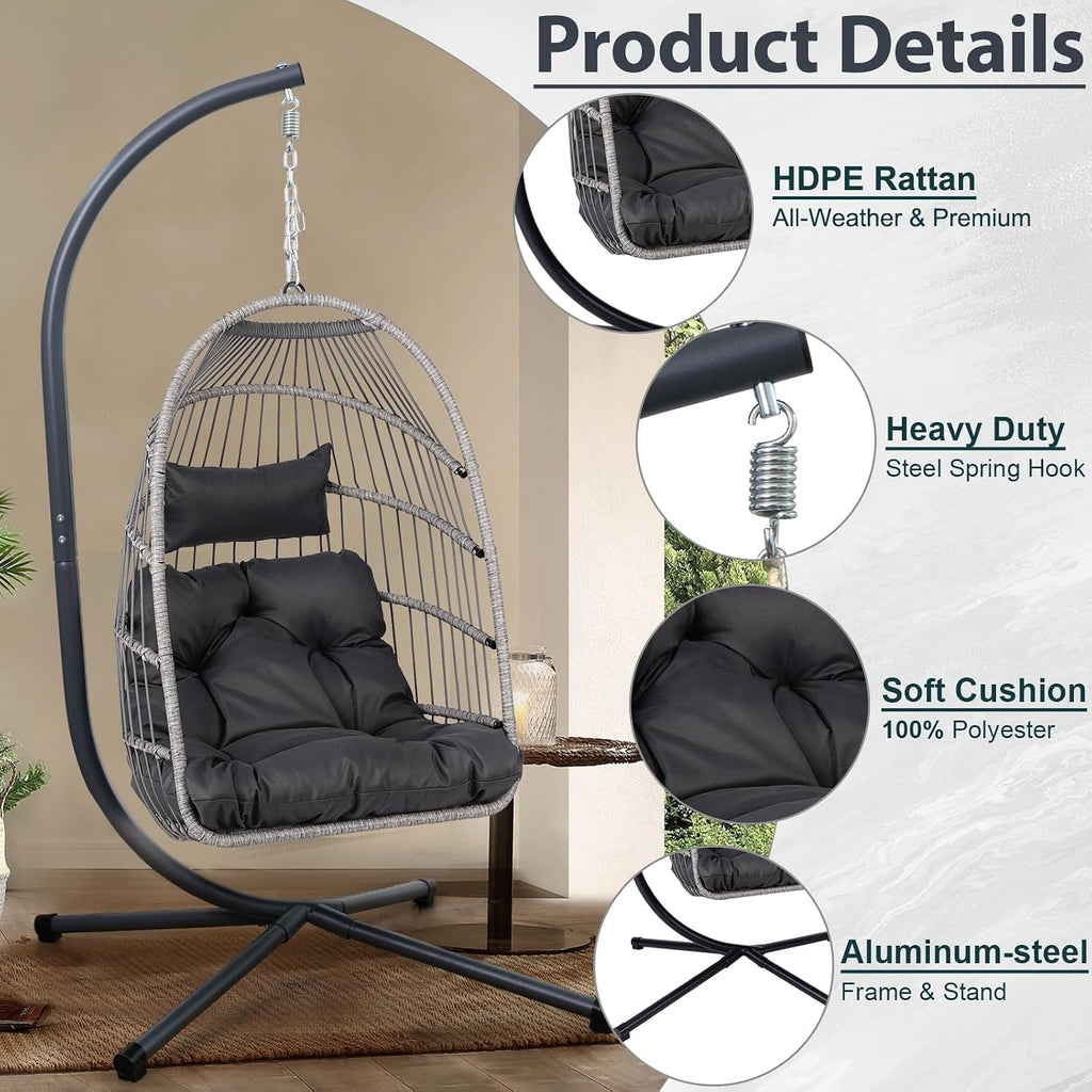 Outdoor Egg Hanging Chair with Stand, 350lbs Capacity Patio Wicker Swing Egg Chair for Indoor Outdoor Use in Garden Balcony Bedroom, Comfortable Swinging Chair(Black)