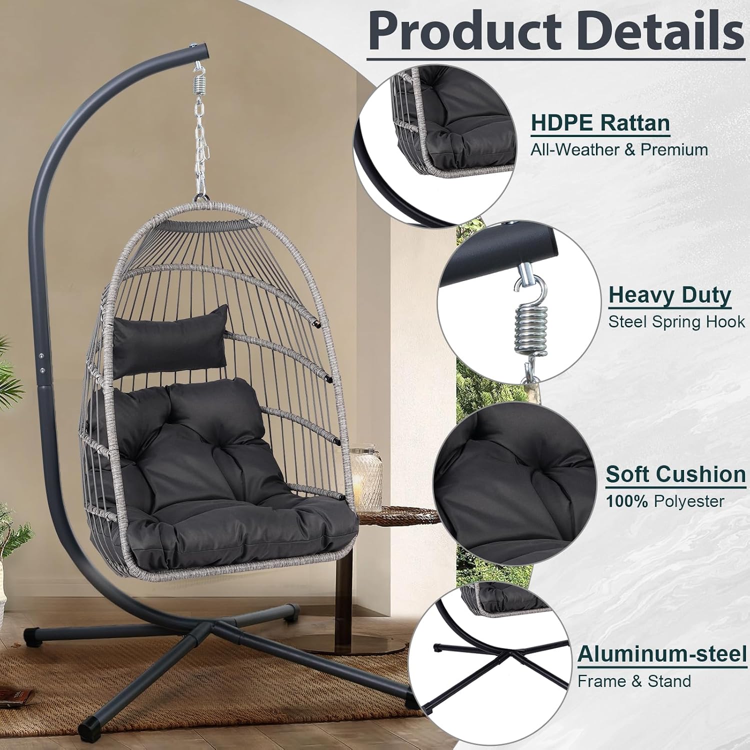 Outdoor Egg Hanging Chair with Stand, 350lbs Capacity Patio Wicker Swing Egg Chair for Indoor Outdoor Use in Garden Balcony Bedroom, Comfortable Swinging Chair(Black)