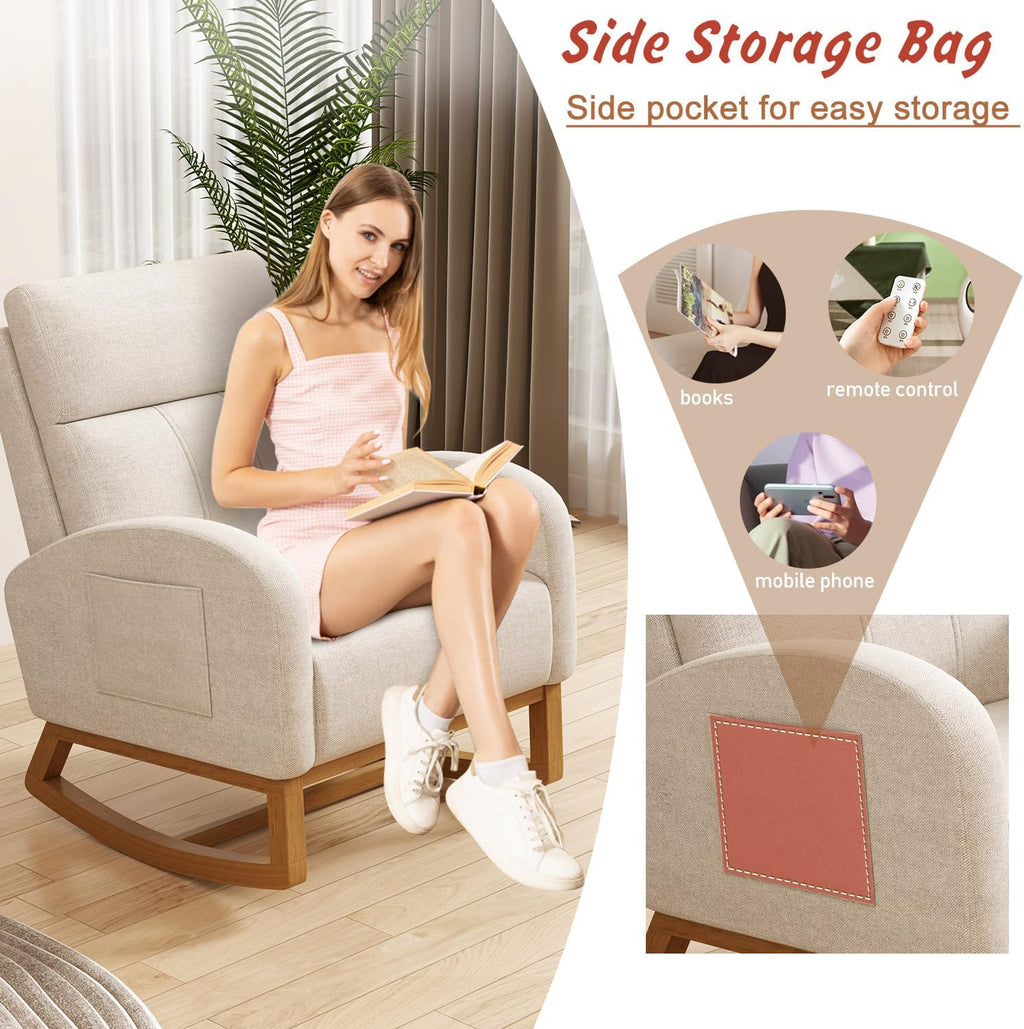Gaussen Glider Rocking Chair Nursery Comfy Accent Chair with High Backrest Upholstered Living Room Chairs with Side Pocket Armchair Reading Chair for Bedroom Nursery Office, Cream