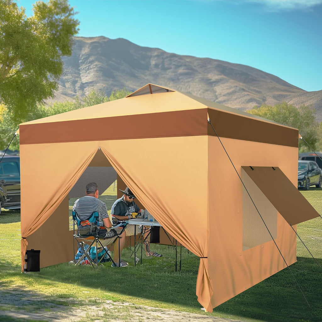 MFSTUDIO 10x10 Pop Up Canopy Tent with Removable Sidewalls, Outdoor Enclosed Instant Portable Shelter with Breathable Mesh Windows, One Person Setup, Beige