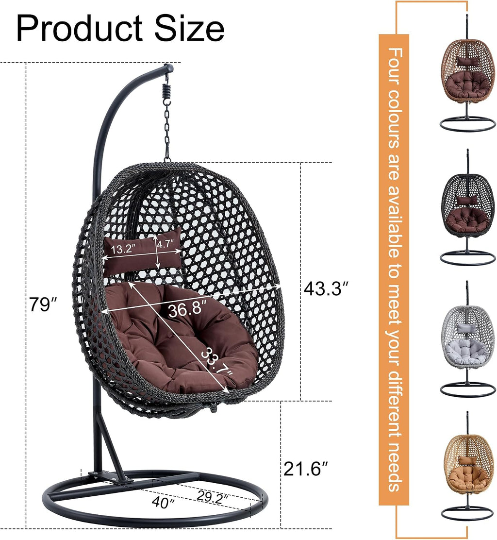 Egg Swing Chair Outdoor with Stand, Hanging Egg Rattan Basket Chair with Cushion and Pillow, Lounge Chair, Foldable Basket and Metal Stand for Porch, Patio, Bedroom, Balcony,Yard (Black)