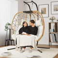DoubleTT Double Swing Egg Chair with Stand, Oversized 2 Person Indoor Outdoor Wicker Patio Basket Hanging Chair with Beige Cushion 550 LBS Capacity for Bedroom Balcony