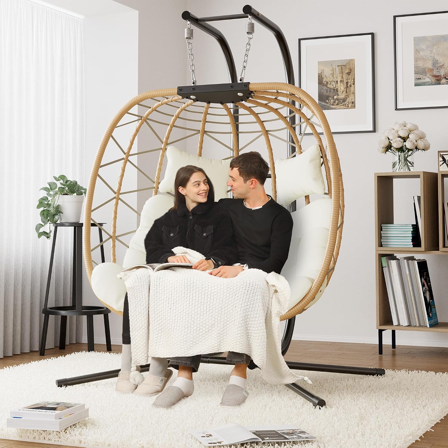 DoubleTT Double Swing Egg Chair with Stand, Oversized 2 Person Indoor Outdoor Wicker Patio Basket Hanging Chair with Beige Cushion 550 LBS Capacity for Bedroom Balcony