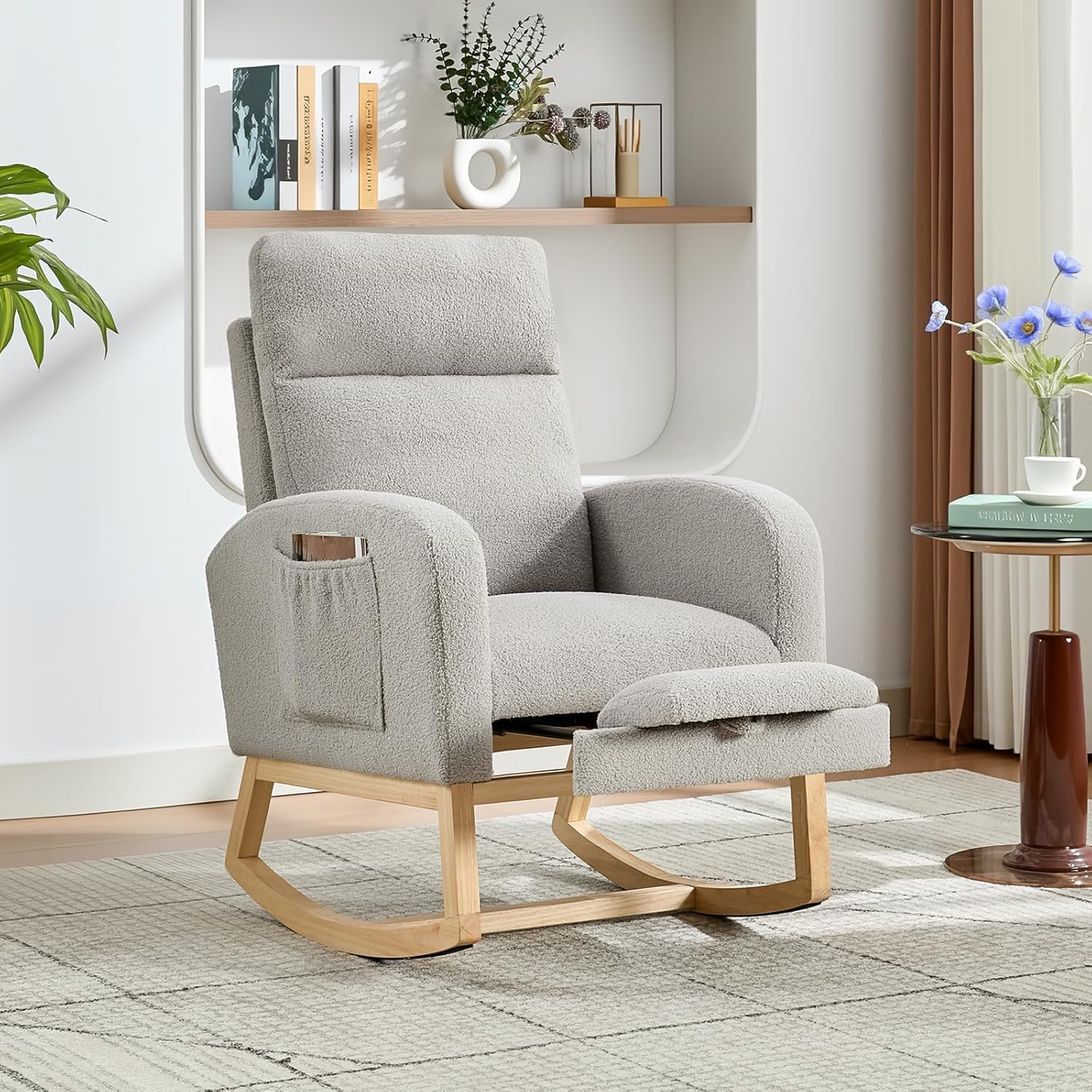 Rocking Chair Nursery Chairs with Foot Rest, Recliner Armchair with High Backrest& Wood Legs and Side Pocket for Living Room,Bedroom,Light Gray
