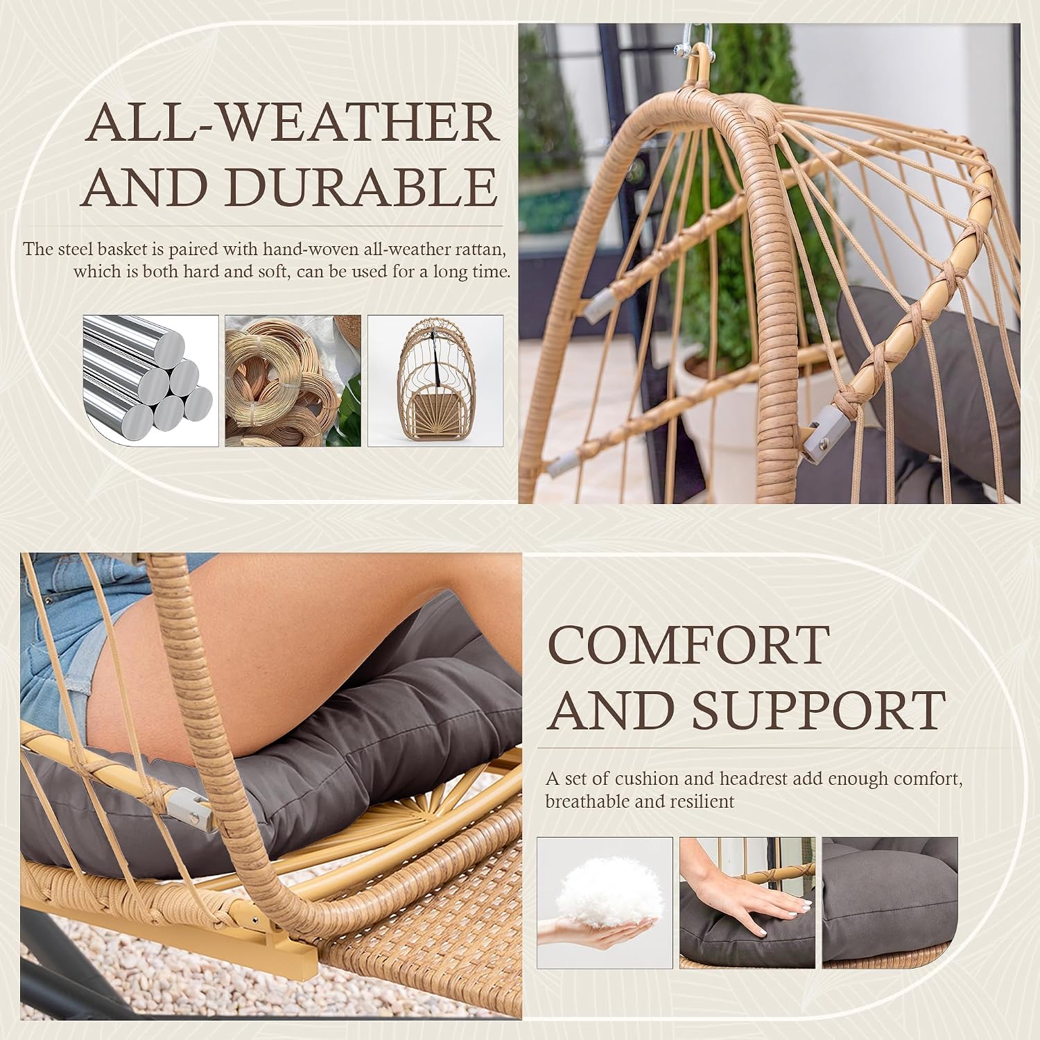 Yechen Hanging Egg Chair with Stand & Footrest, Foldable Wicker Rattan Swing Chair for Indoor Outdoor, Patio Hammock Chair with UV-Resistant Cushion, 350 lbs Capacity for Bedroom Porch Garden
