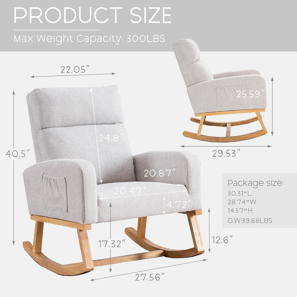 Rocking Chair Nursery, Nursery Rocker Chairs for Mom with High Backrest and Solid Wood Legs, Modern Glider Chairs for Nursing Living Room Bedroom, Light Grey