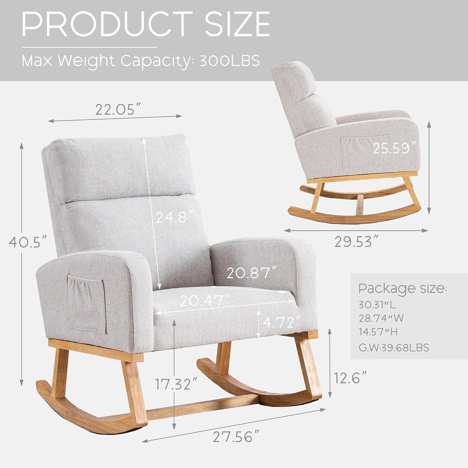 Rocking Chair Nursery, Nursery Rocker Chairs for Mom with High Backrest and Solid Wood Legs, Modern Glider Chairs for Nursing Living Room Bedroom, Light Grey