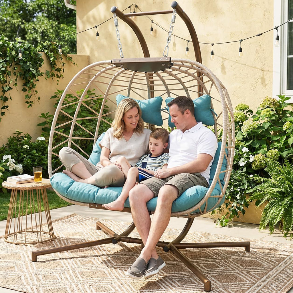 BULEXYARD 2 Person Hanging Egg Chair with Stand, Extra Large Wicker Patio Hammock Loveseat Swing, Oversized Cushioned Double Swing Chair for Indoor Outdoor Garden Balcony Backyard, Light Blue