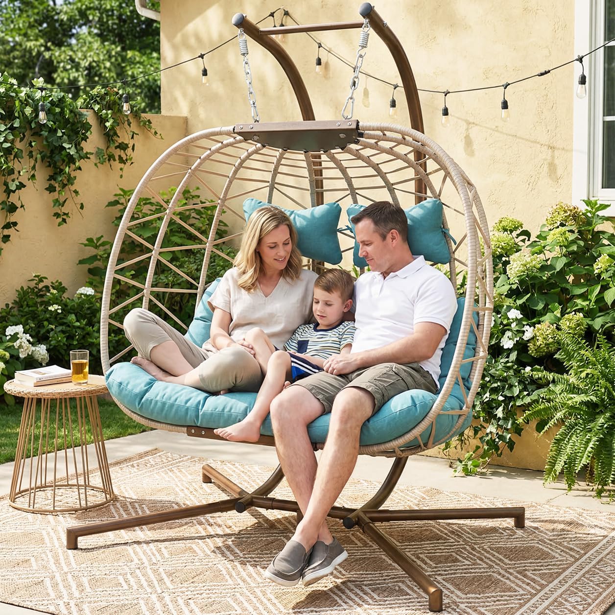 BULEXYARD 2 Person Hanging Egg Chair with Stand, Extra Large Wicker Patio Hammock Loveseat Swing, Oversized Cushioned Double Swing Chair for Indoor Outdoor Garden Balcony Backyard, Light Blue