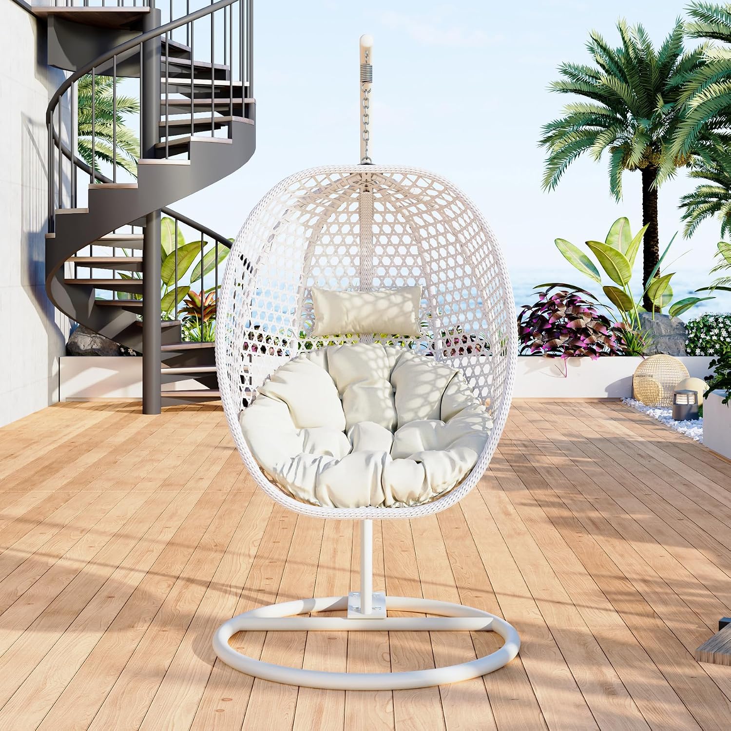 Egg Swing Chair Outdoor with Stand, Hanging Egg Rattan Basket Chair with Cushion and Pillow, Lounge Chairs, Foldable Basket and Metal Stand for Porch, Patio, Bedroom, Balcony,Yard (White)