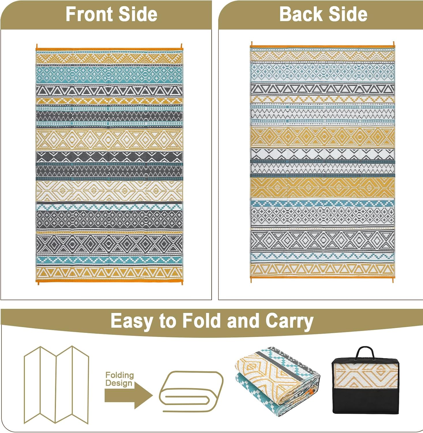 Garvee Outdoor Rug 10 ft x 20 ft Waterproof for Patios Clearance, Reversible Outdoor Plastic Straw Camping Rug Carpet, Large Rugs Mats for RV, Camper, Deck, Balcony, Porch, Beach, Picnic,Yellow & Gray