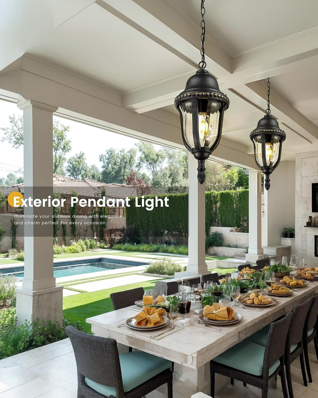 FEMILA 21' Outdoor Pendant Lights for Porch, Outdoor Chandelier for Gazebo, Patio, Hanging Lantern Light with Matte Black Finish, E26 Base, 4FX80H BK