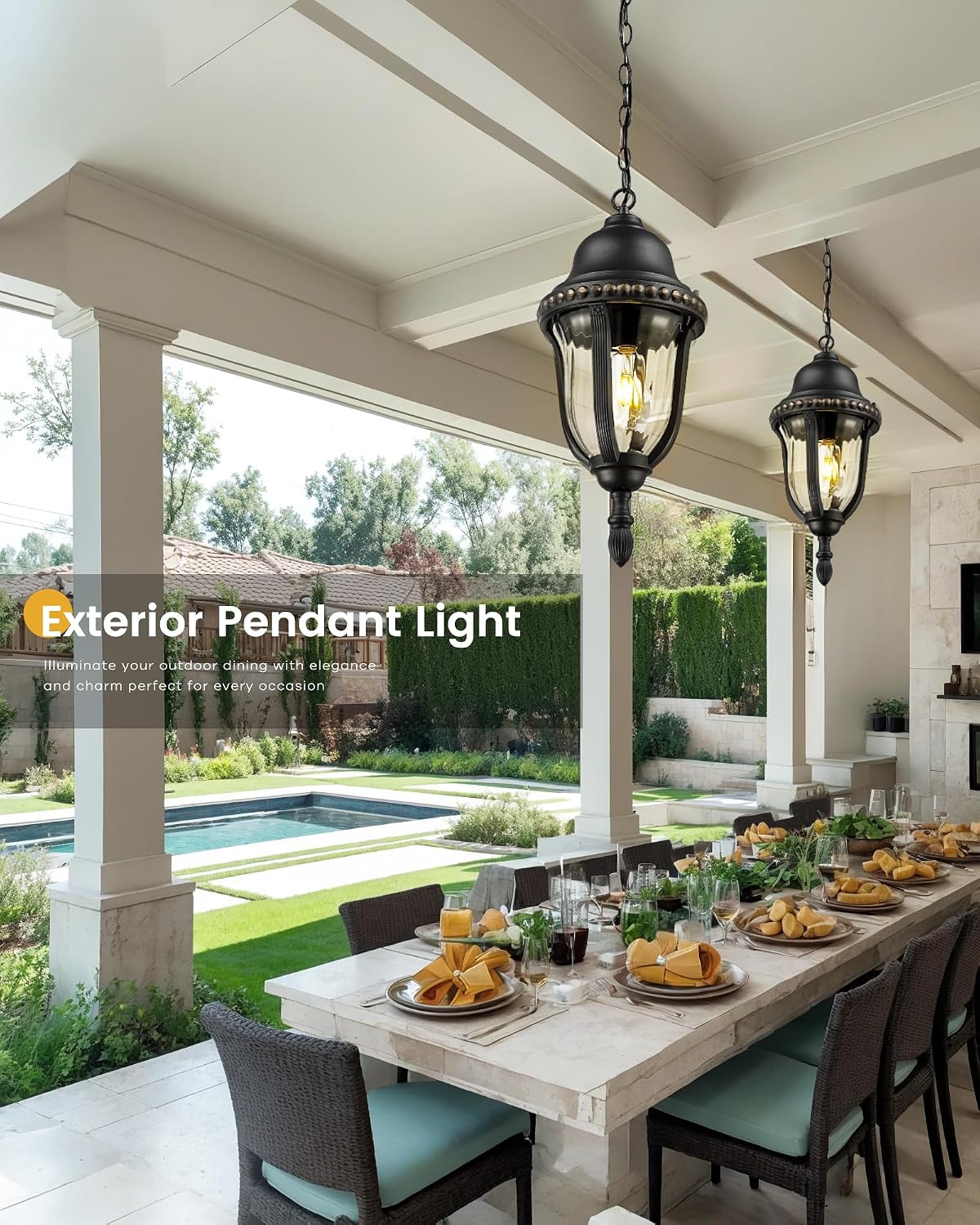 FEMILA 21' Outdoor Pendant Lights for Porch, Outdoor Chandelier for Gazebo, Patio, Hanging Lantern Light with Matte Black Finish, E26 Base, 4FX80H BK