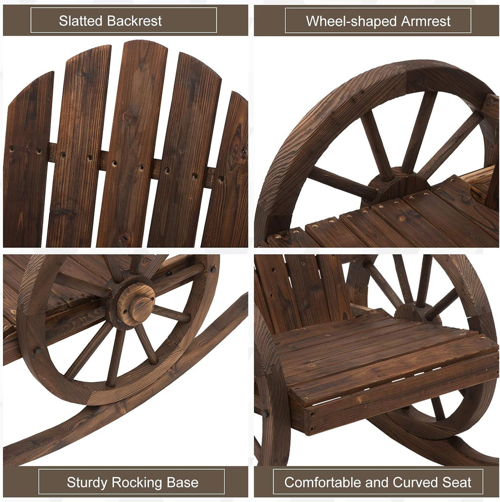 Outsunny Wooden Rocking Chair, Adirondack Rocker Chair w/Slatted Design and Oversized Back, Outdoor Rocking Chair with Wagon Wheel Armrest for Porch, Poolside, and Garden, Carbonized