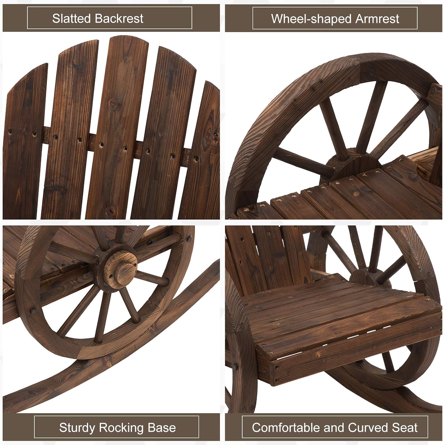 Outsunny Wooden Rocking Chair, Adirondack Rocker Chair w/Slatted Design and Oversized Back, Outdoor Rocking Chair with Wagon Wheel Armrest for Porch, Poolside, and Garden, Carbonized