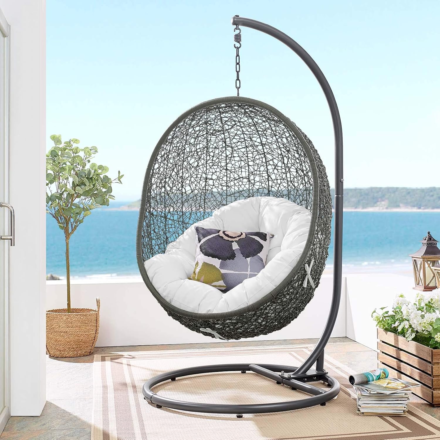 Modway Hide Wicker Rattan Outdoor Patio Porch Lounge Egg Swing Chair Set with Stand in Gray White
