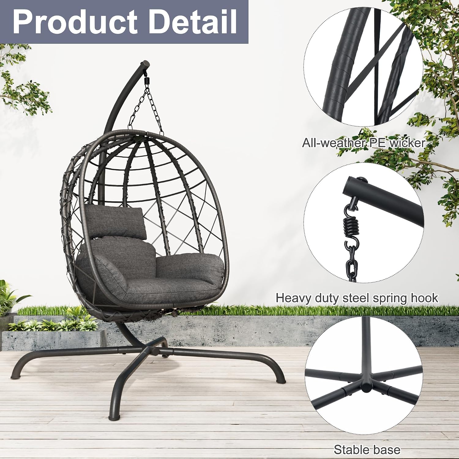 Hanging Egg Chair with Stand Patio Wicker Rattan Swing Chair Hammock Egg Chair for Indoor & Outdoor 400lbs Capacity with Thickened Cushion for Bedroom Balcony Garden