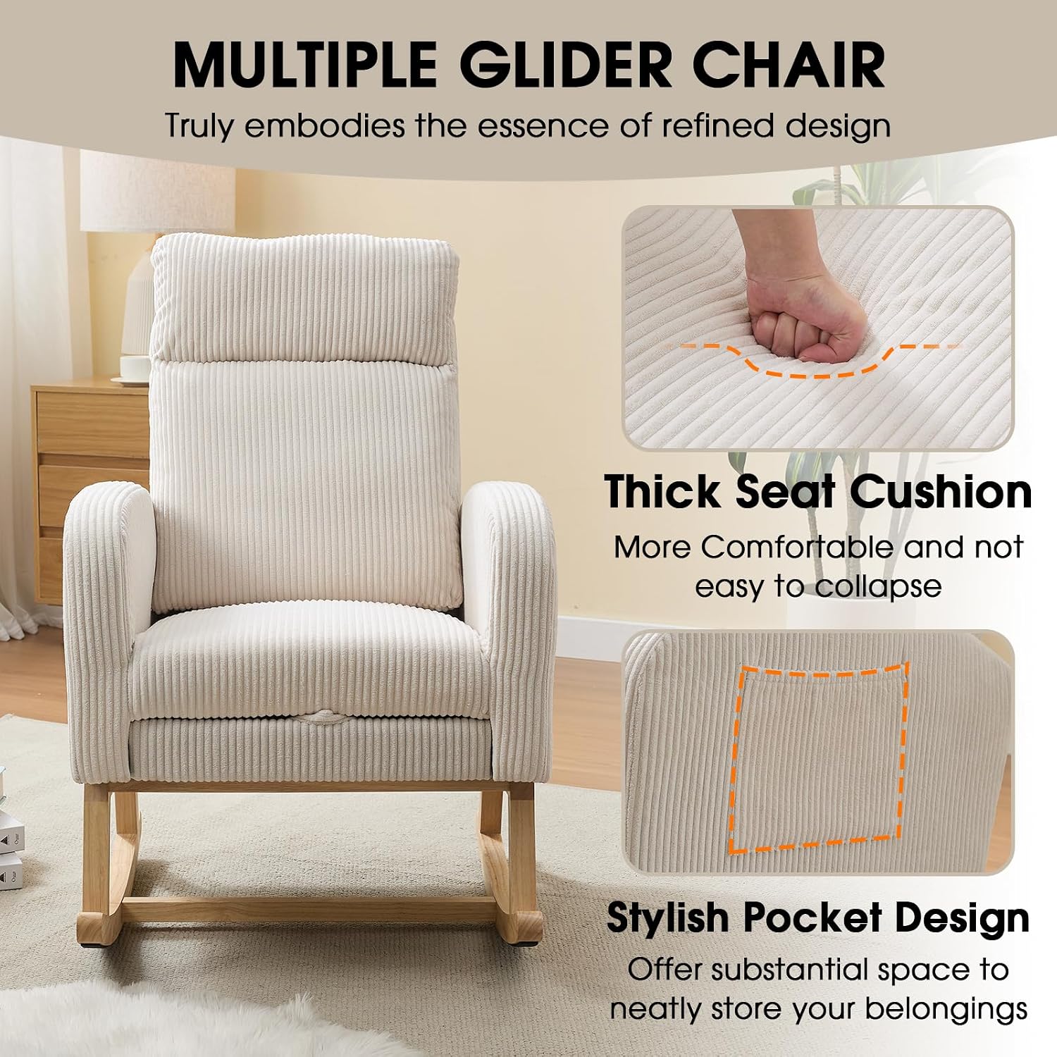 NIOIIKIT Nursery Rocking Chair, Corduroy Upholstered Rocking Chair with Adjustable Footrest, Tufted Rocker Chair with Side Pocket, Glider Rocker for Living Room (White Modern)